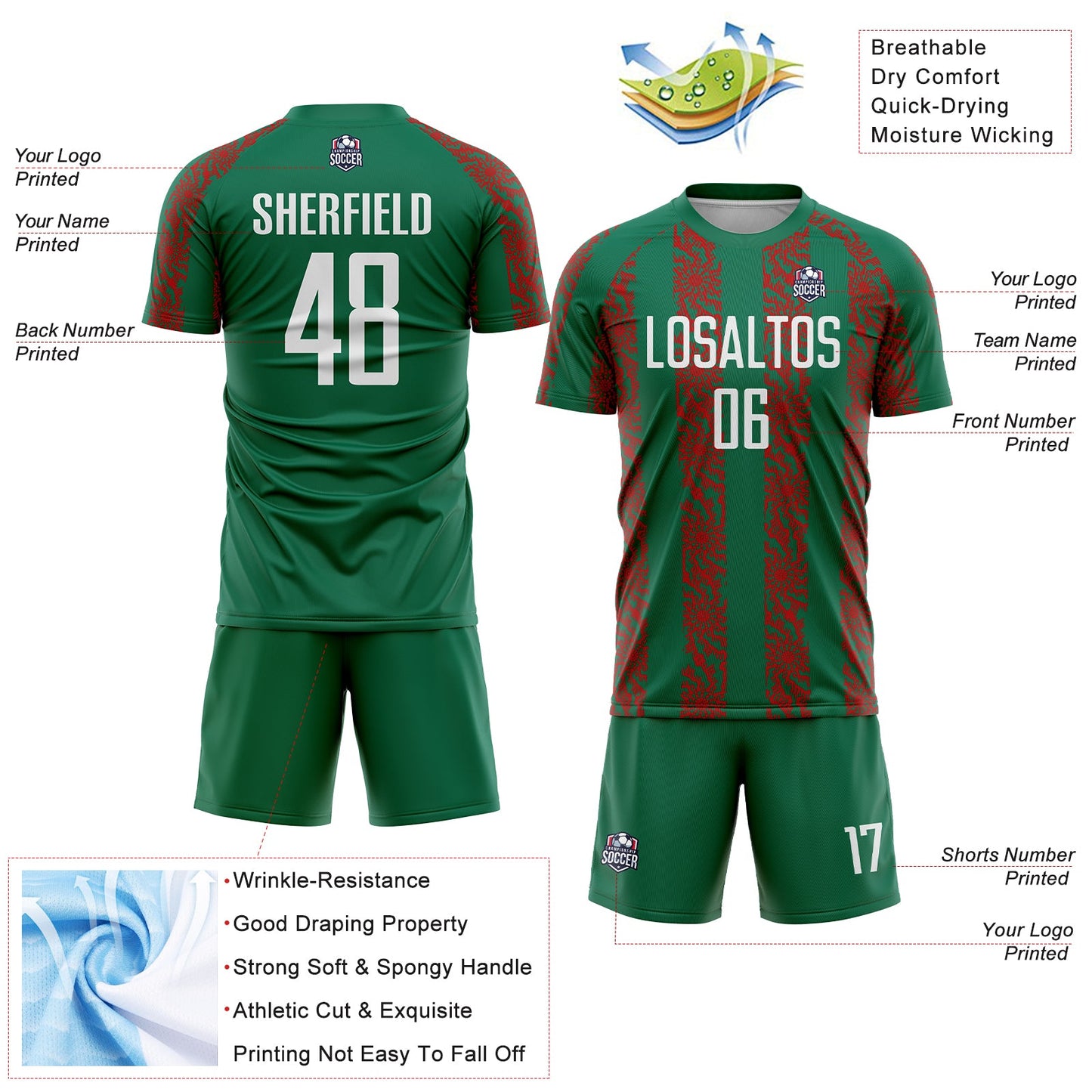 Custom Kelly Green White-Red Abstract Shape Sublimation Soccer Uniform Jersey - Sky-Custom