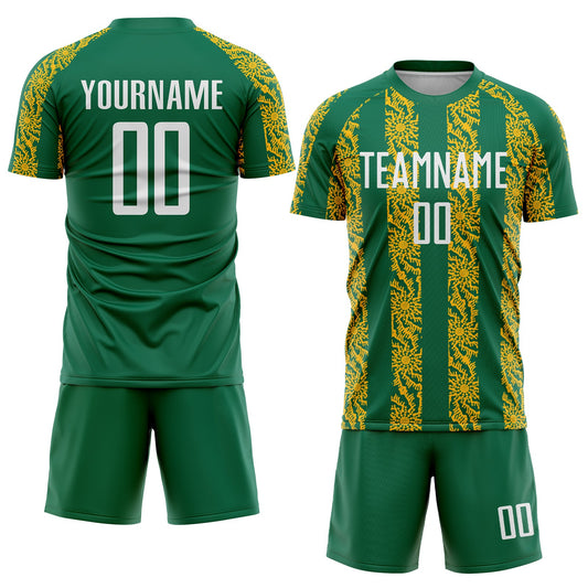 Custom Kelly Green White-Gold Abstract Shape Sublimation Soccer Uniform Jersey - Sky-Custom