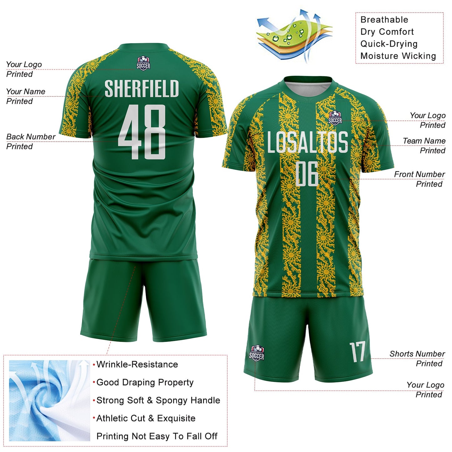 Custom Kelly Green White-Gold Abstract Shape Sublimation Soccer Uniform Jersey - Sky-Custom