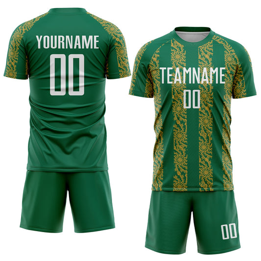 Custom Kelly Green White-Old Gold Abstract Shape Sublimation Soccer Uniform Jersey - Sky-Custom
