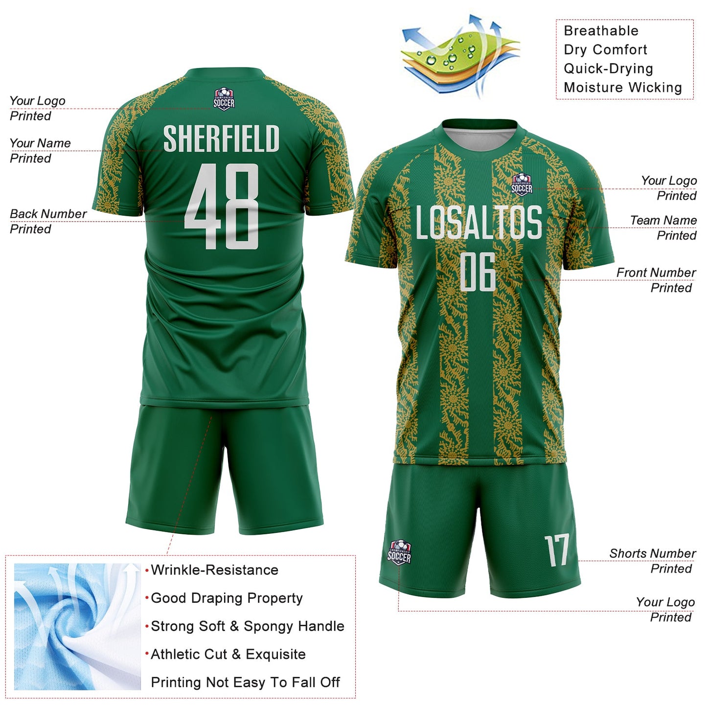 Custom Kelly Green White-Old Gold Abstract Shape Sublimation Soccer Uniform Jersey - Sky-Custom
