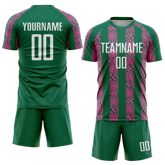 Custom Kelly Green White-Pink Abstract Shape Sublimation Soccer Uniform Jersey - Sky-Custom
