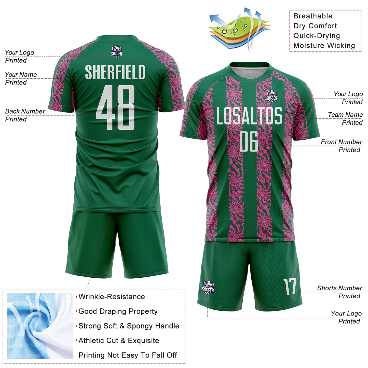 Custom Kelly Green White-Pink Abstract Shape Sublimation Soccer Uniform Jersey - Sky-Custom