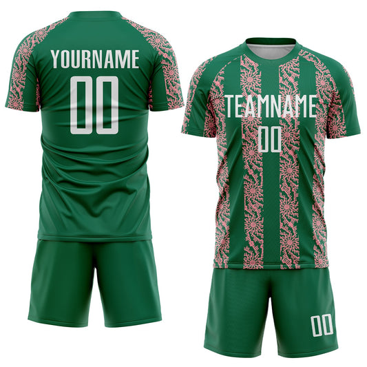 Custom Kelly Green White-Medium Pink Abstract Shape Sublimation Soccer Uniform Jersey - Sky-Custom