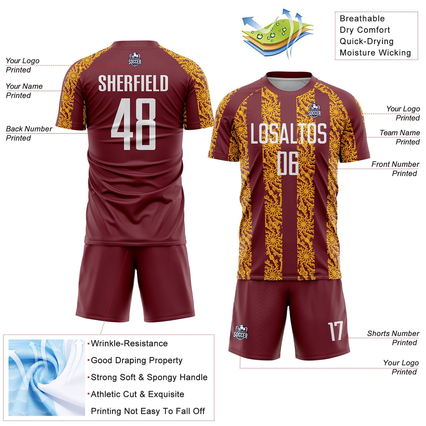 Custom Burgundy White-Gold Abstract Shape Sublimation Soccer Uniform Jersey - Sky-Custom