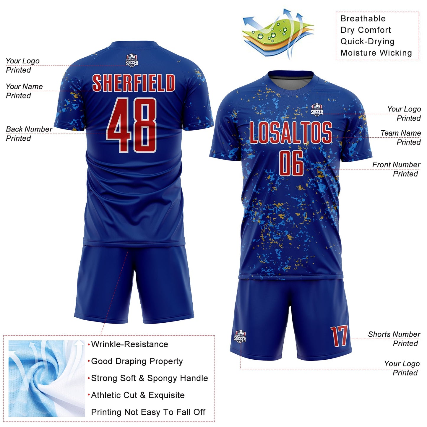 Custom Royal Red Old Gold-Powder Blue Abstract Fragment Art Sublimation Soccer Uniform Jersey - Sky-Custom
