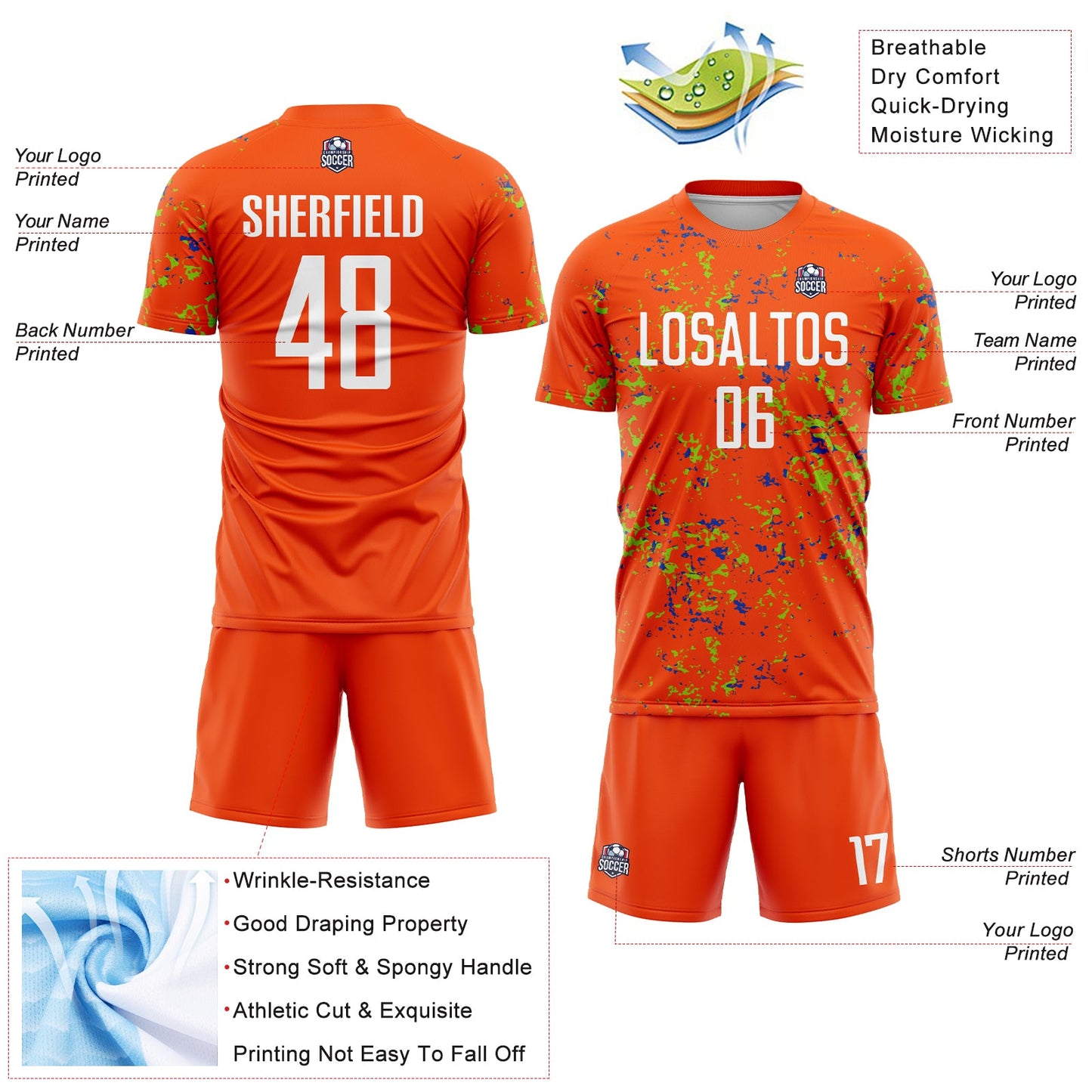 Custom Orange Neon Green-Thunder Blue Abstract Fragment Art Sublimation Soccer Uniform Jersey - Sky-Custom