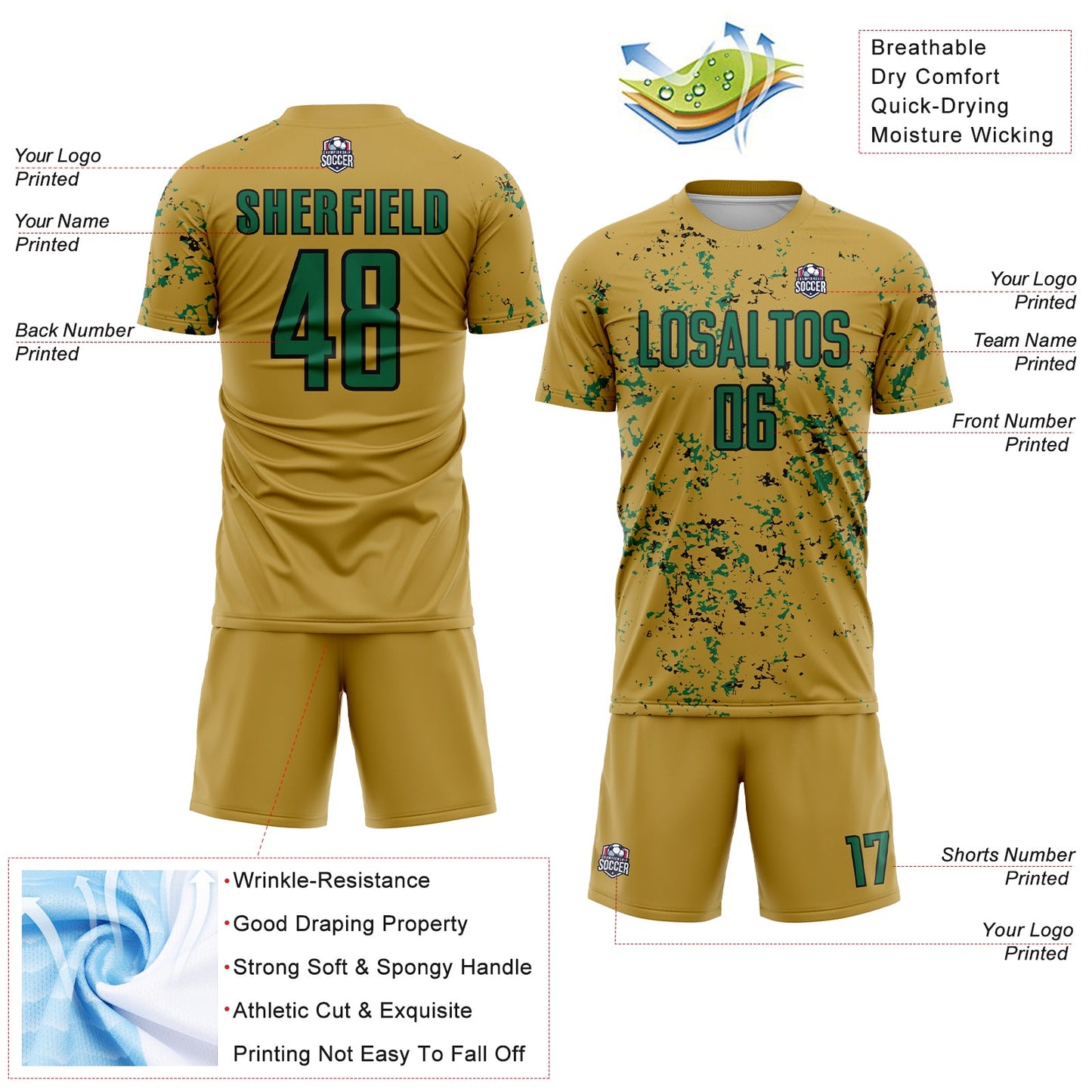 Custom Old Gold Kelly Green-Black Abstract Fragment Art Sublimation Soccer Uniform Jersey - Sky-Custom