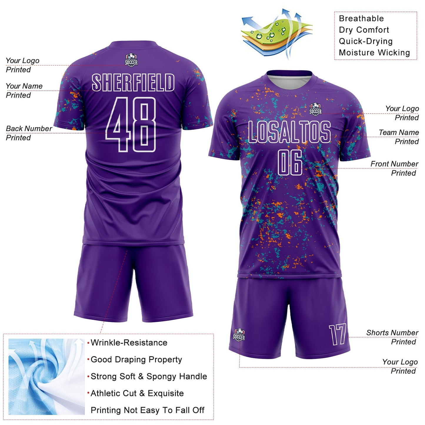 Custom Purple Bay Orange-Teal Abstract Fragment Art Sublimation Soccer Uniform Jersey - Sky-Custom