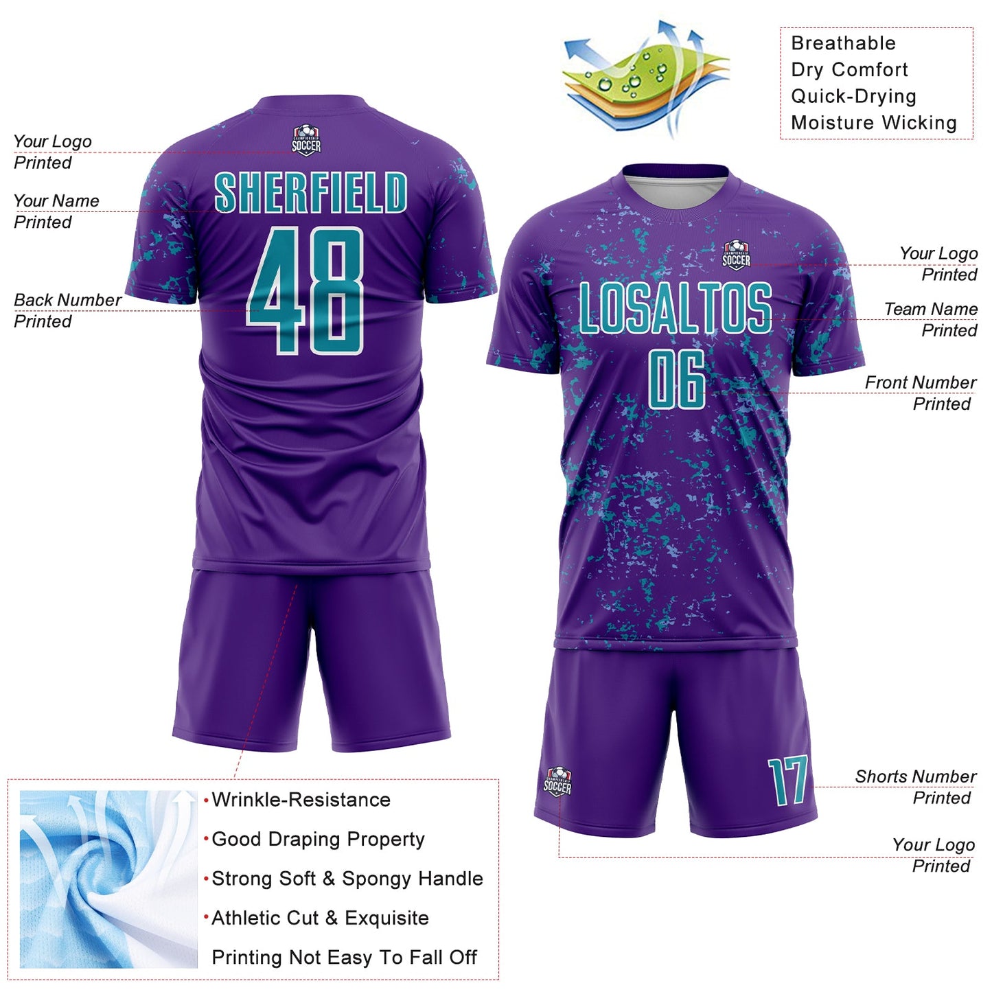 Custom Purple Teal-Light Blue Abstract Fragment Art Sublimation Soccer Uniform Jersey - Sky-Custom