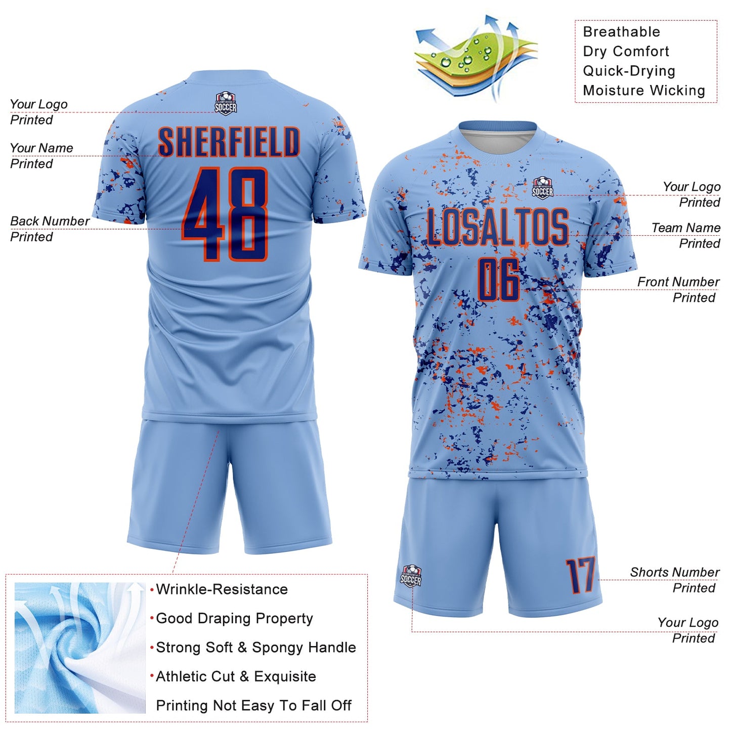 Custom Light Blue Royal-Orange Abstract Fragment Art Sublimation Soccer Uniform Jersey - Sky-Custom