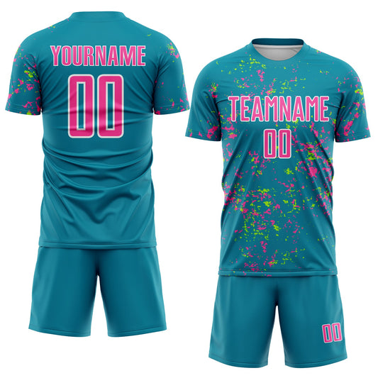 Custom Teal Pink-Neon Green Abstract Fragment Art Sublimation Soccer Uniform Jersey - Sky-Custom