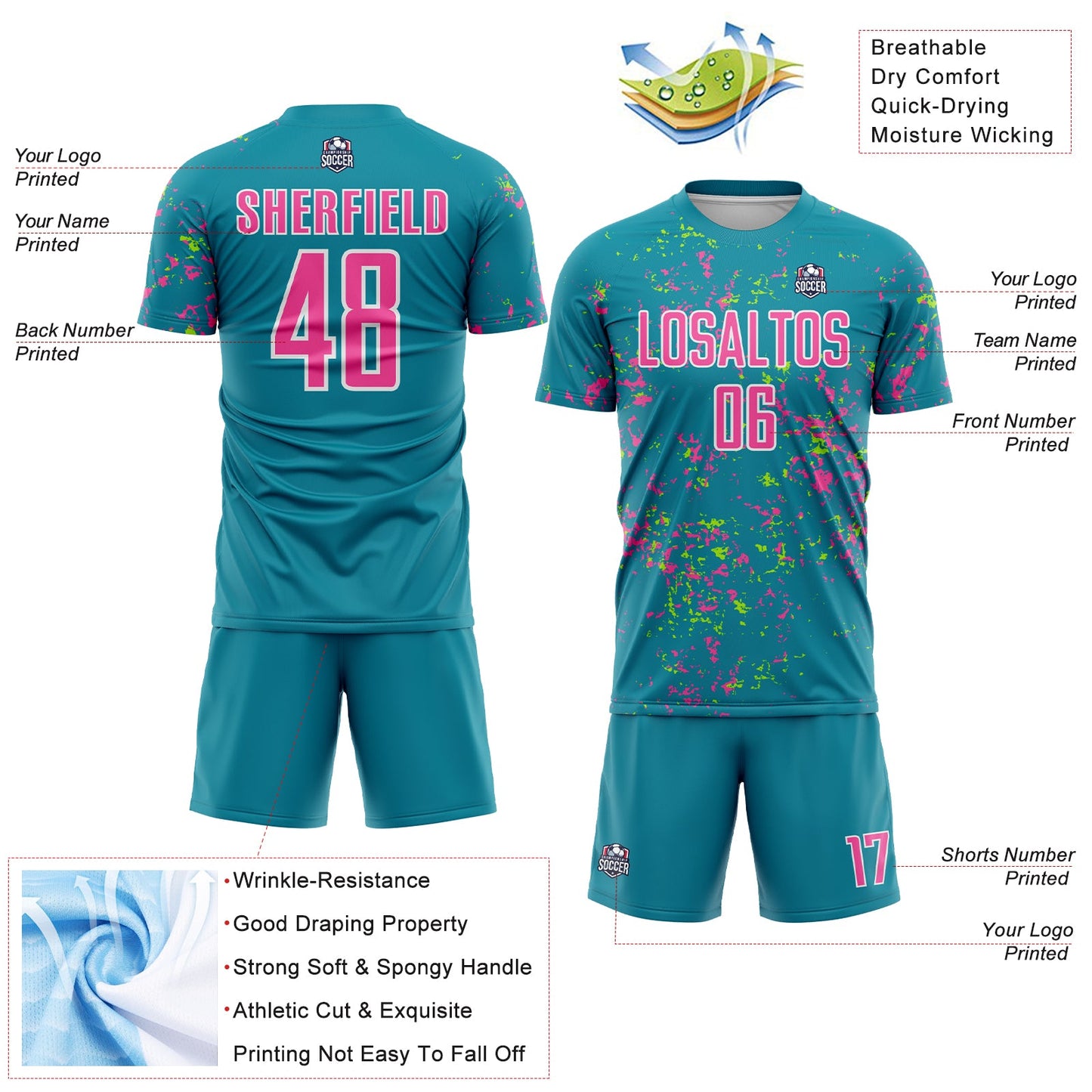 Custom Teal Pink-Neon Green Abstract Fragment Art Sublimation Soccer Uniform Jersey - Sky-Custom