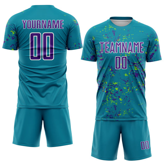 Custom Teal Purple-Neon Green Abstract Fragment Art Sublimation Soccer Uniform Jersey - Sky-Custom