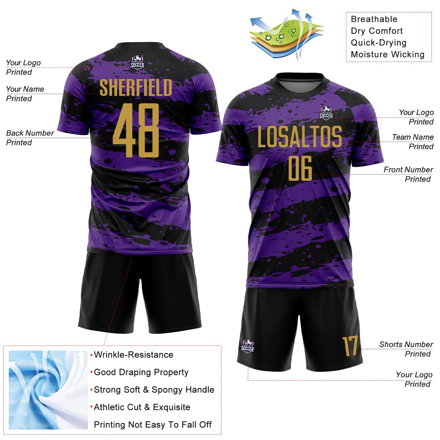 Custom Black Old Gold-Purple Splash Sublimation Soccer Uniform Jersey - Sky-Custom