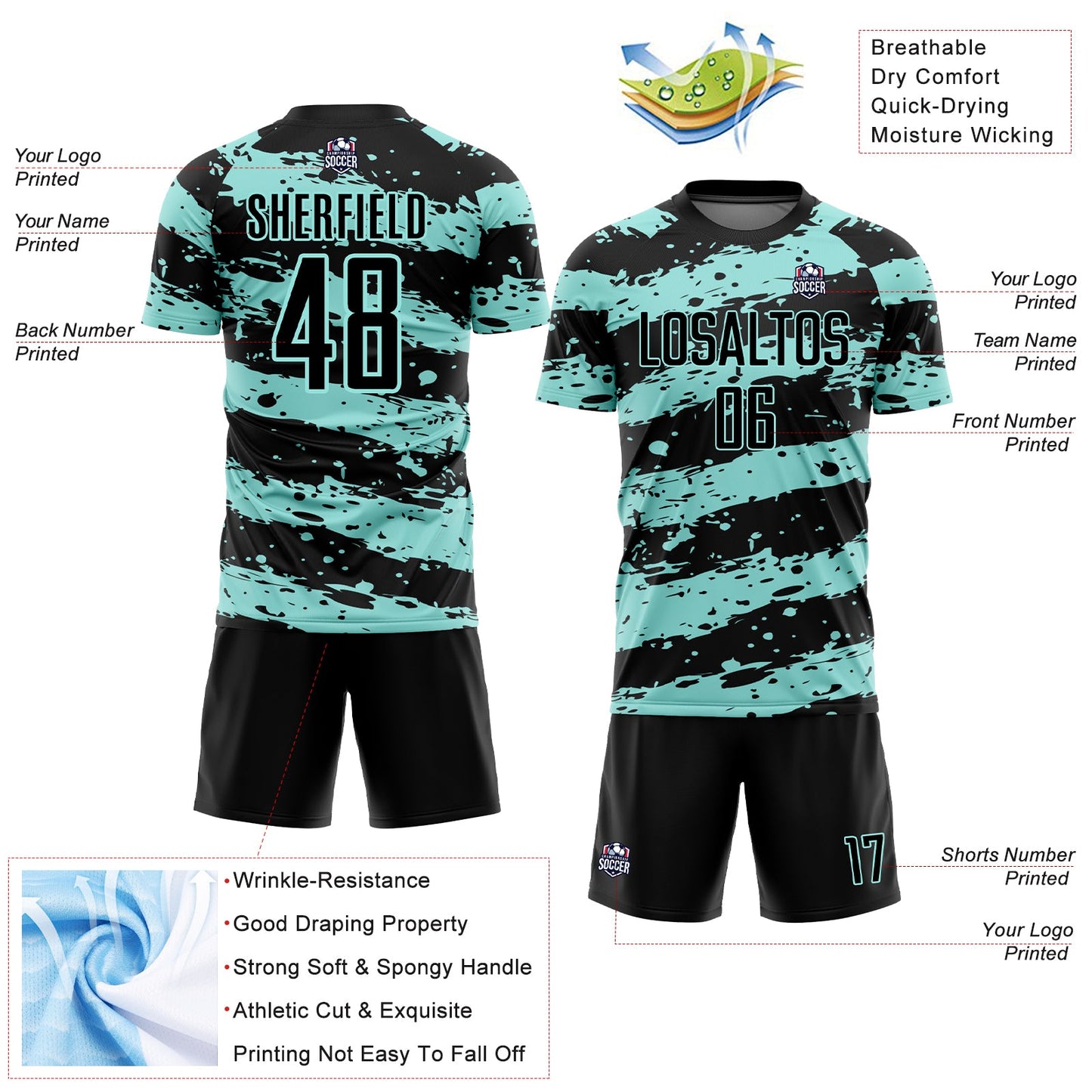 Custom Black Ice Blue Splash Sublimation Soccer Uniform Jersey - Sky-Custom