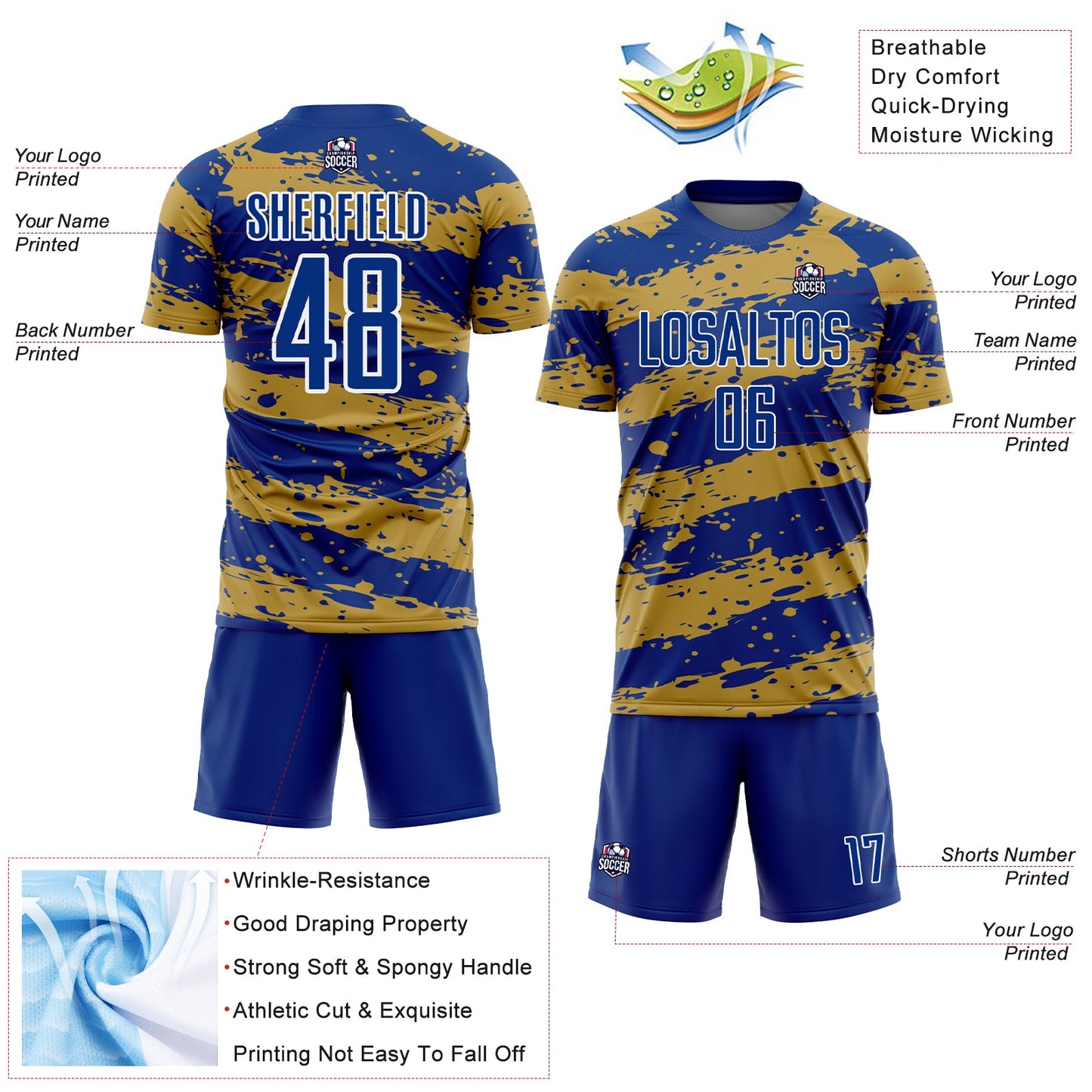 Custom Royal Old Gold-White Splash Sublimation Soccer Uniform Jersey - Sky-Custom