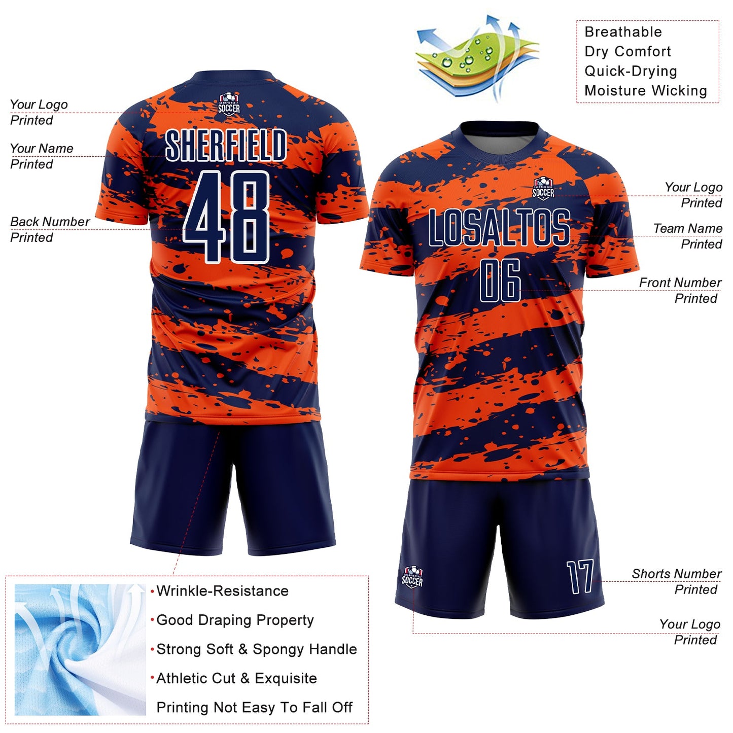 Custom Navy Orange-White Splash Sublimation Soccer Uniform Jersey - Sky-Custom