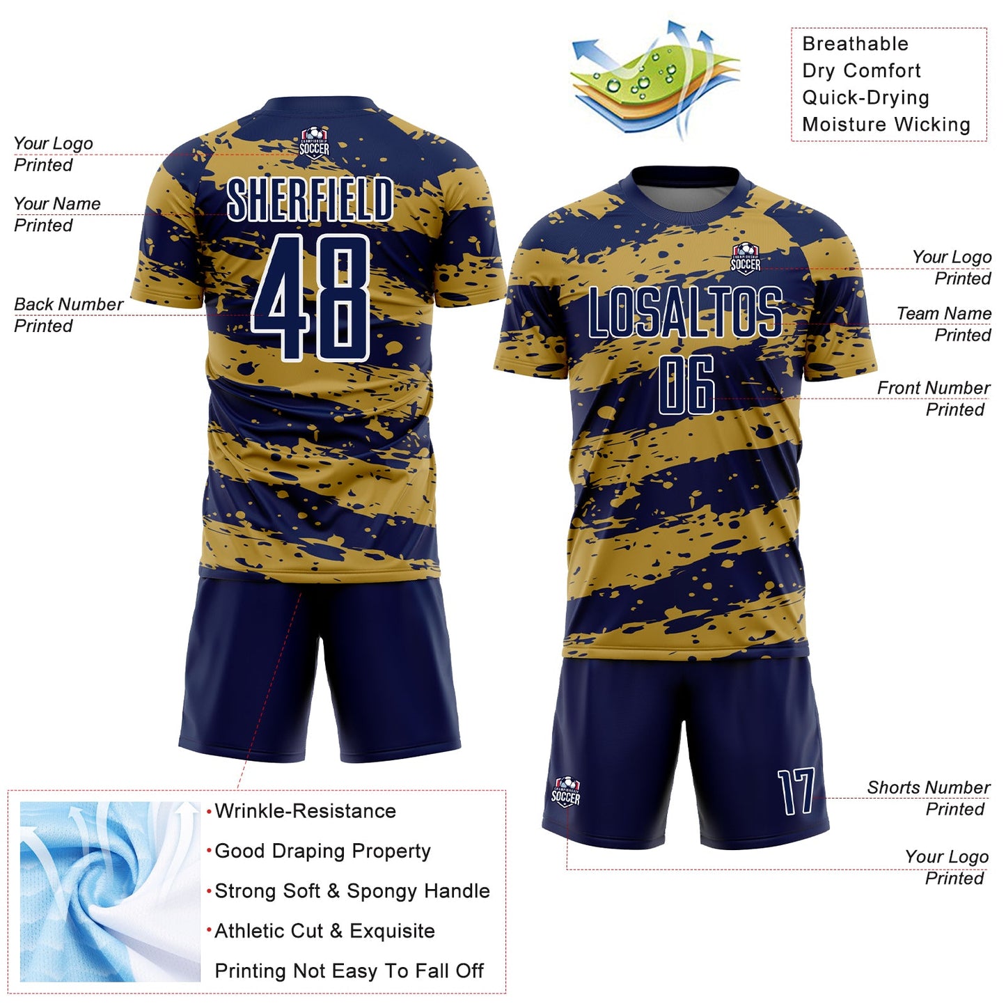 Custom Navy Old Gold-White Splash Sublimation Soccer Uniform Jersey - Sky-Custom