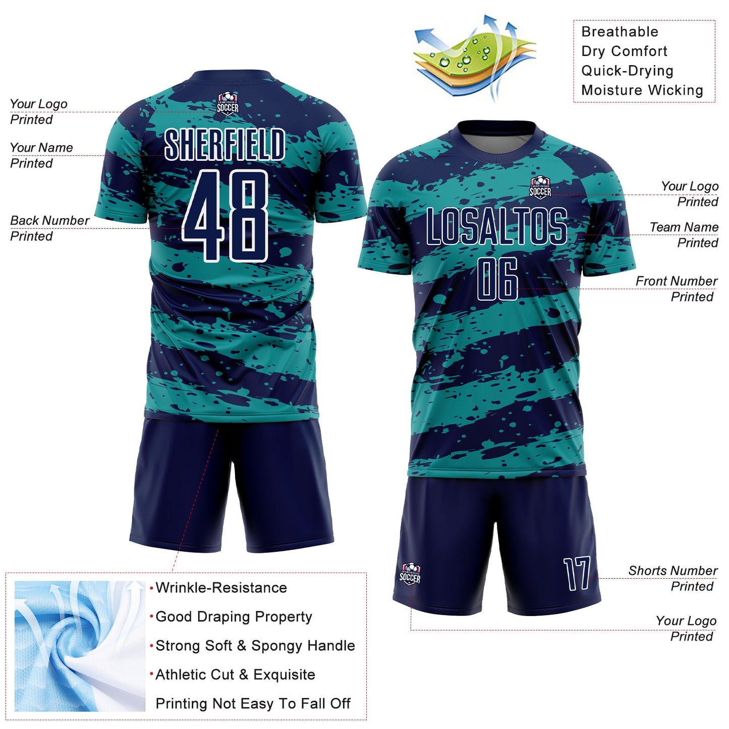 Custom Navy Teal-White Splash Sublimation Soccer Uniform Jersey - Sky-Custom
