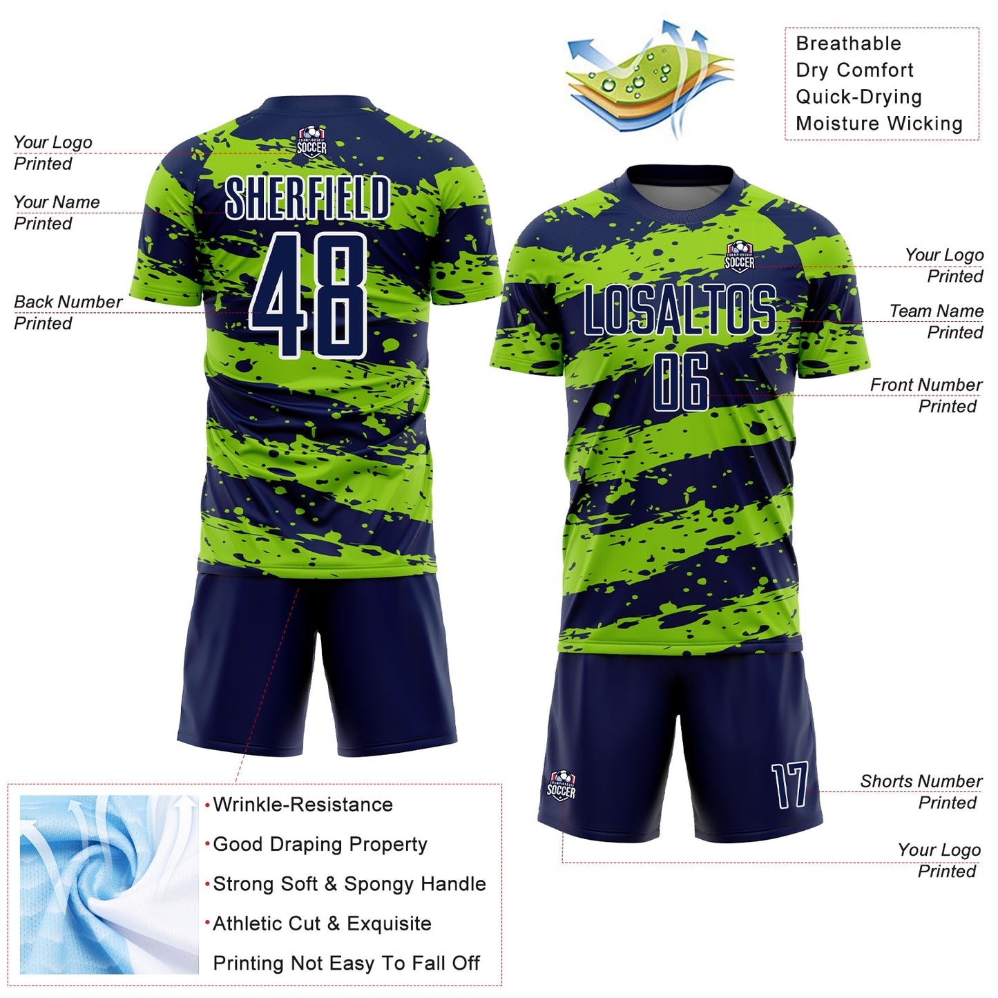 Custom Navy Neon Green-White Splash Sublimation Soccer Uniform Jersey - Sky-Custom