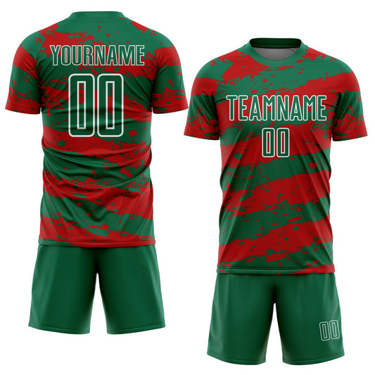 Custom Kelly Green Red-White Splash Sublimation Soccer Uniform Jersey - Sky-Custom