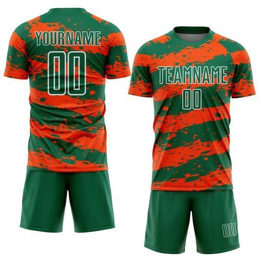Custom Kelly Green Orange-White Splash Sublimation Soccer Uniform Jersey - Sky-Custom