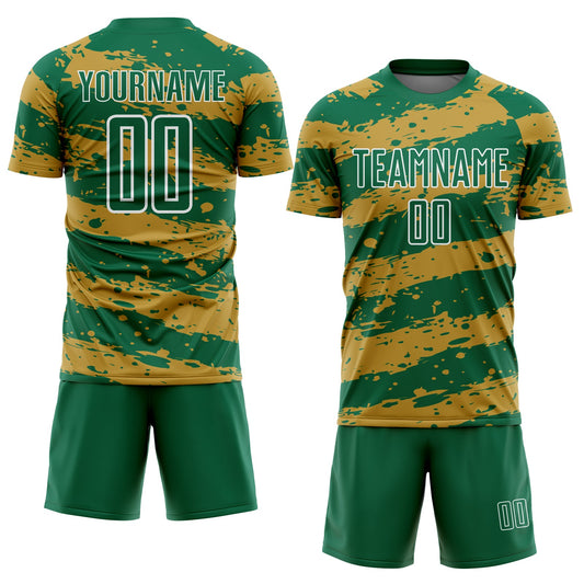 Custom Kelly Green Old Gold-White Splash Sublimation Soccer Uniform Jersey - Sky-Custom