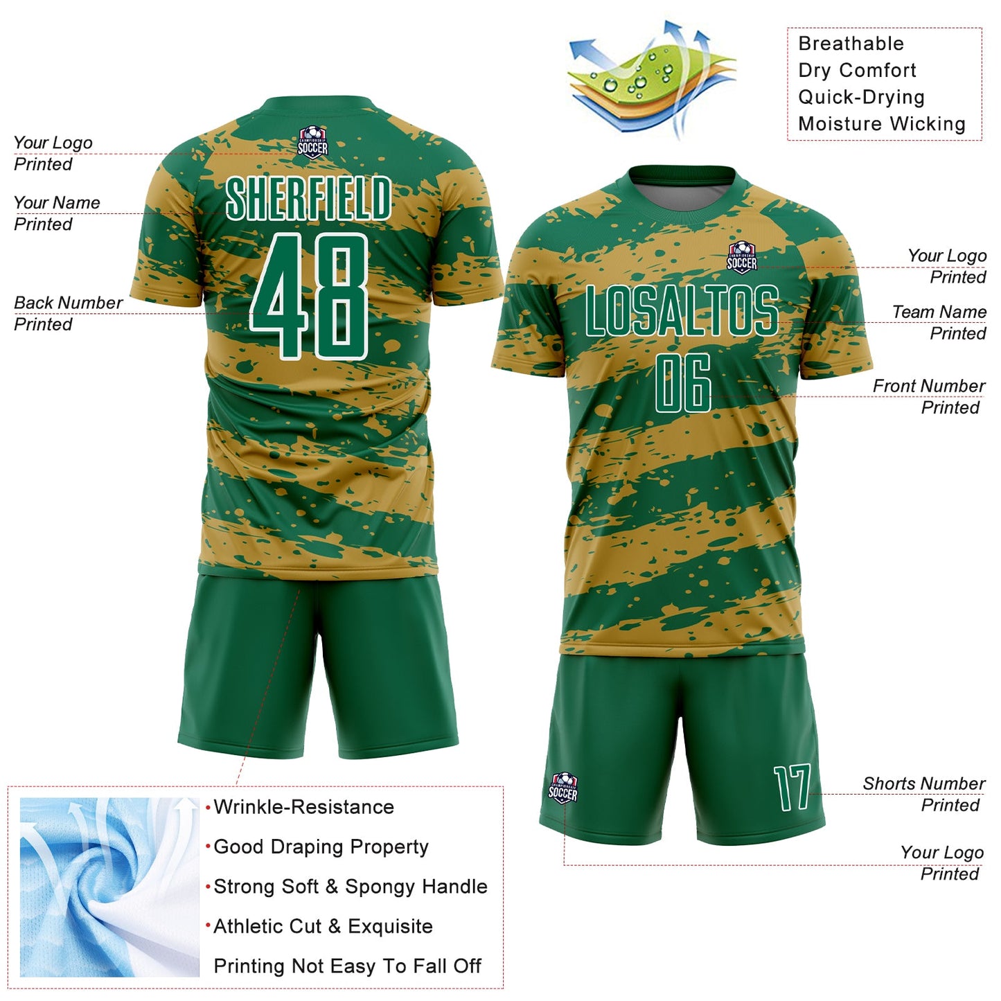 Custom Kelly Green Old Gold-White Splash Sublimation Soccer Uniform Jersey - Sky-Custom