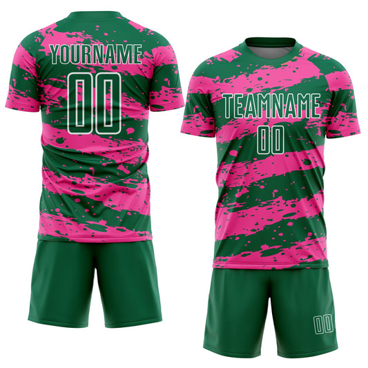 Custom Kelly Green Pink-White Splash Sublimation Soccer Uniform Jersey - Sky-Custom