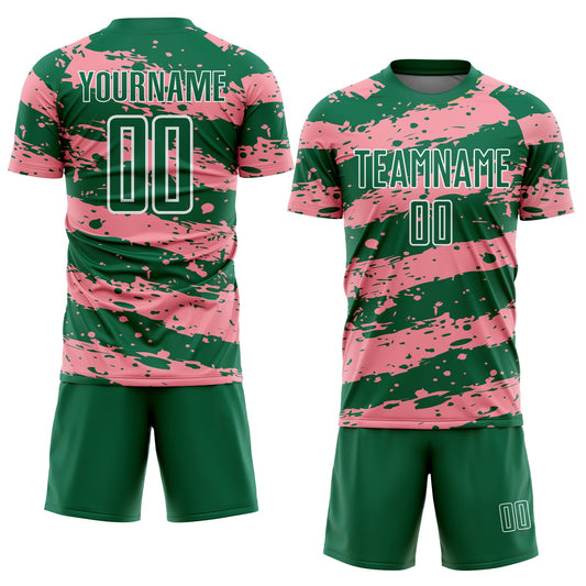 Custom Kelly Green Medium Pink-White Splash Sublimation Soccer Uniform Jersey - Sky-Custom