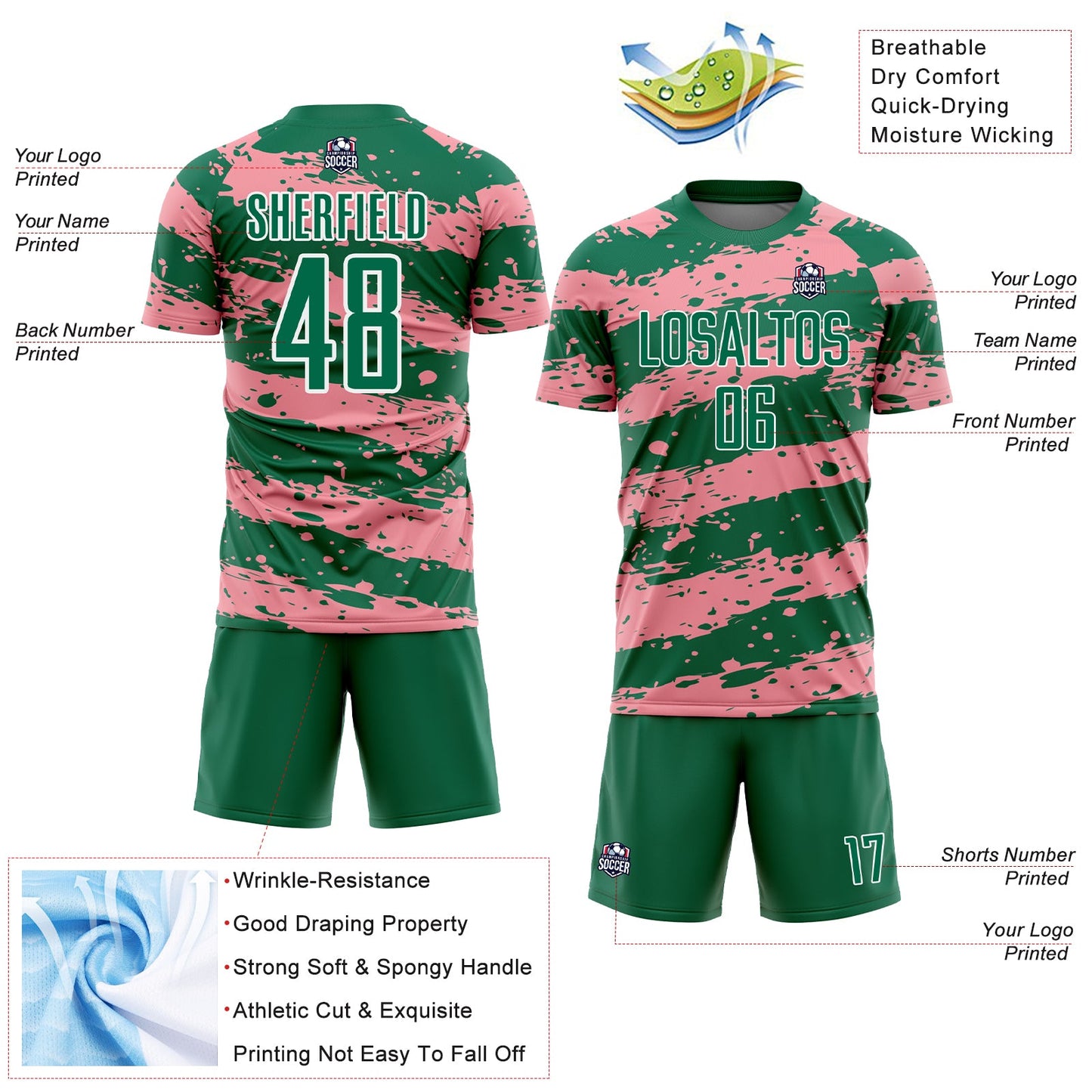 Custom Kelly Green Medium Pink-White Splash Sublimation Soccer Uniform Jersey - Sky-Custom