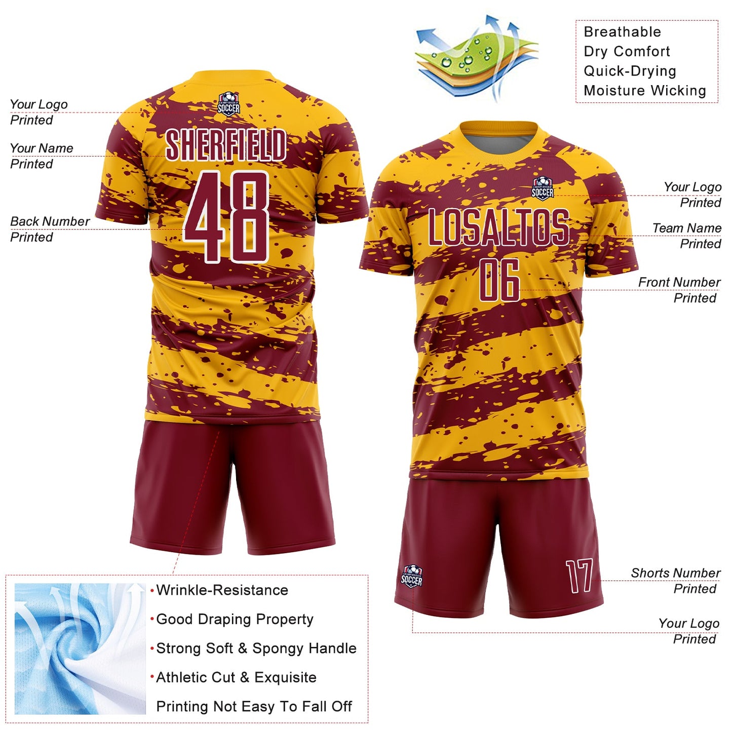 Custom Gold Crimson-White Splash Sublimation Soccer Uniform Jersey - Sky-Custom