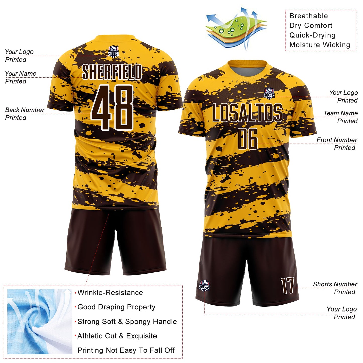 Custom Gold Brown-White Splash Sublimation Soccer Uniform Jersey - Sky-Custom