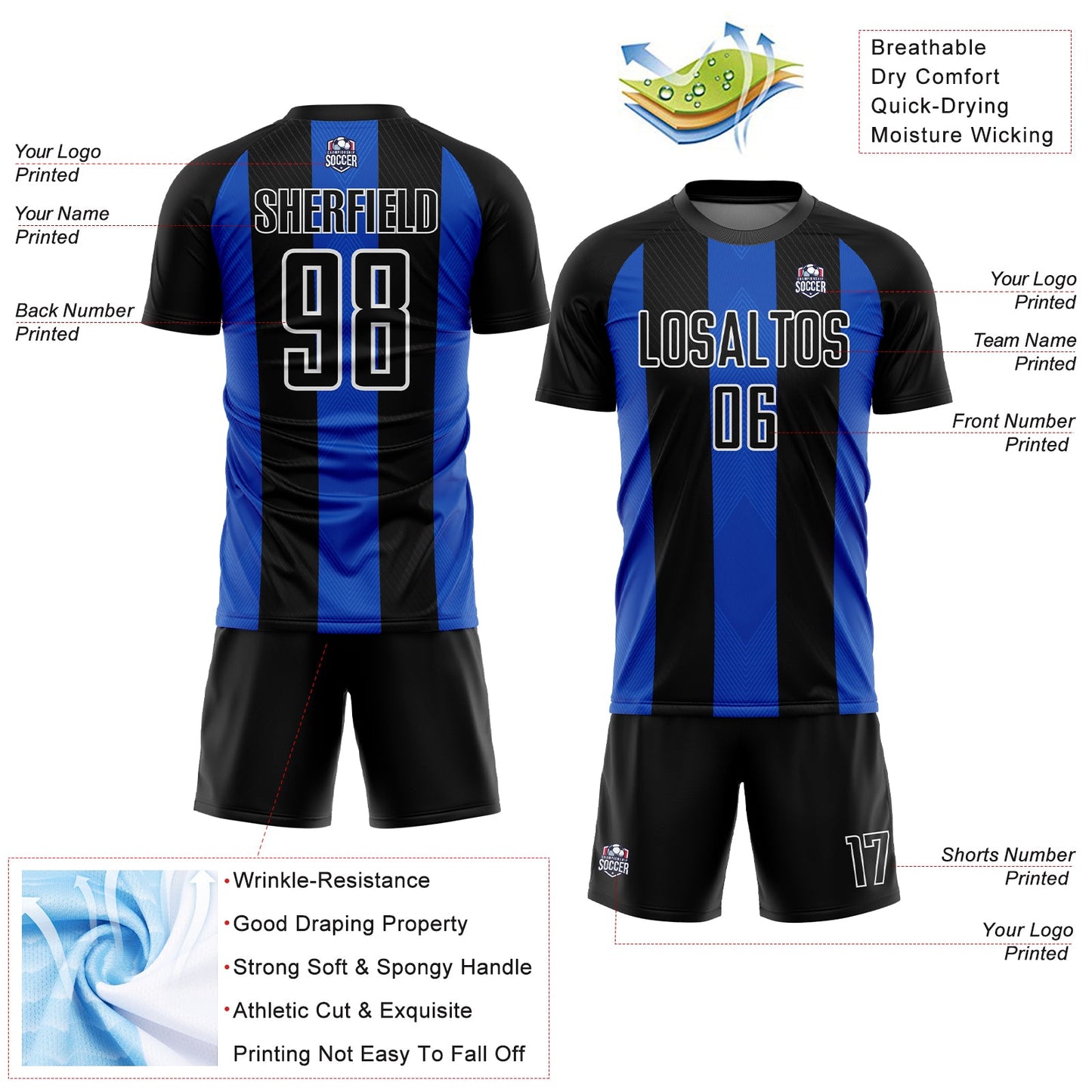 Custom Black Thunder Blue-White Line Sublimation Soccer Uniform Jersey - Sky-Custom
