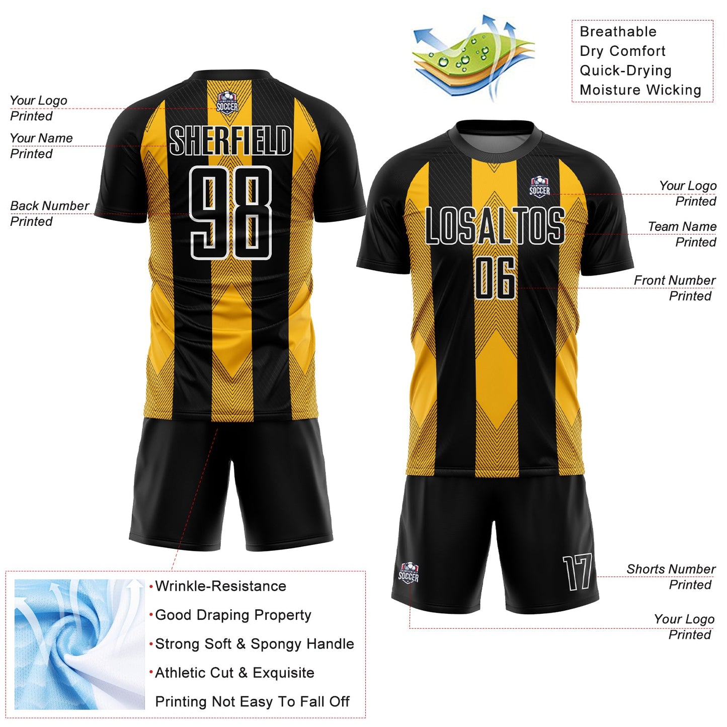 Custom Black Gold-White Line Sublimation Soccer Uniform Jersey - Sky-Custom
