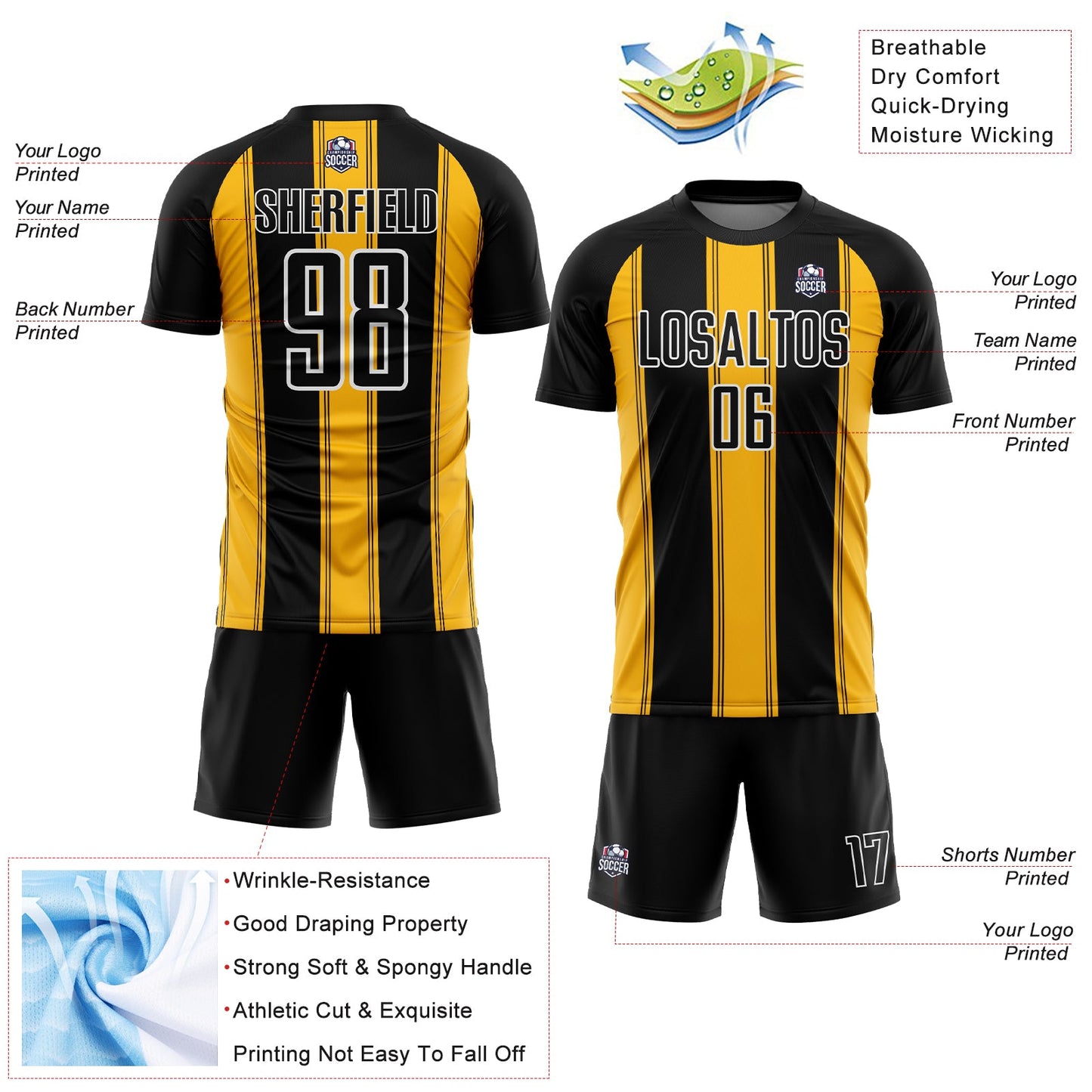 Custom Black Gold-White Line Sublimation Soccer Uniform Jersey - Sky-Custom