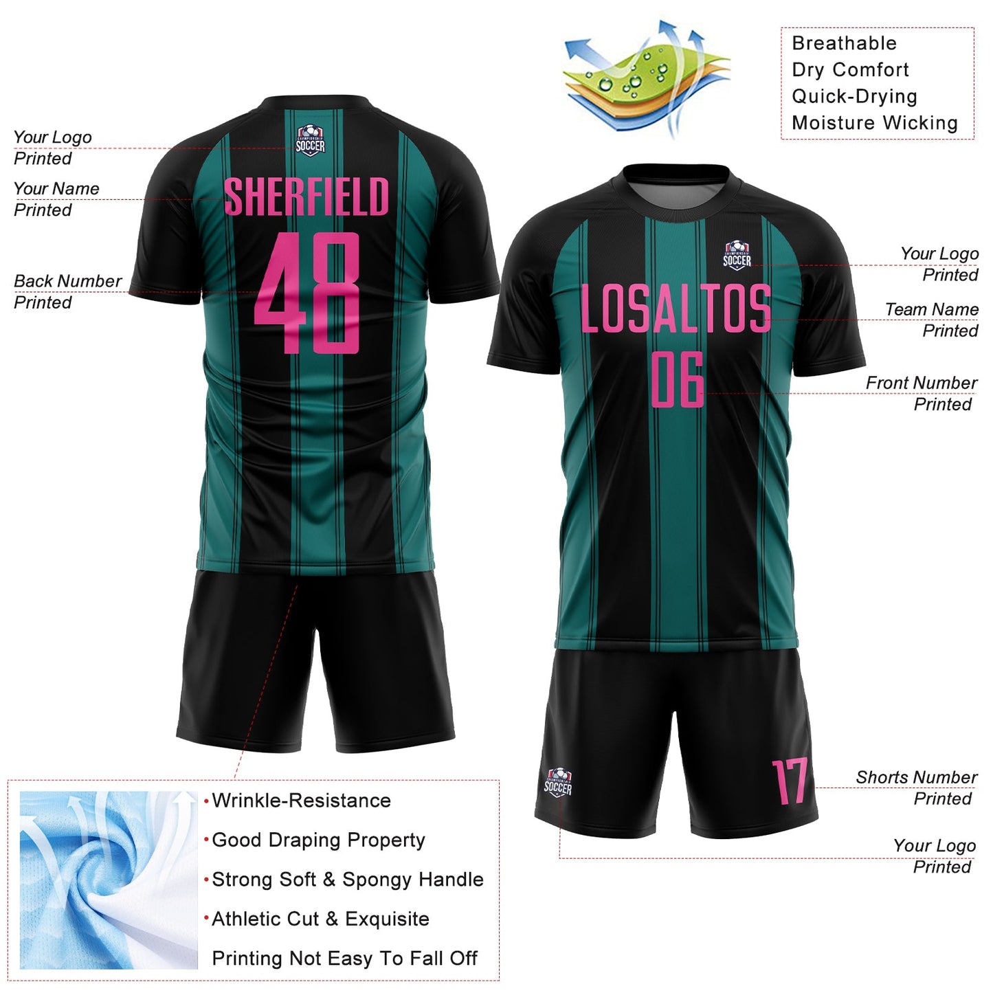 Custom Black Pink-Teal Line Sublimation Soccer Uniform Jersey - Sky-Custom