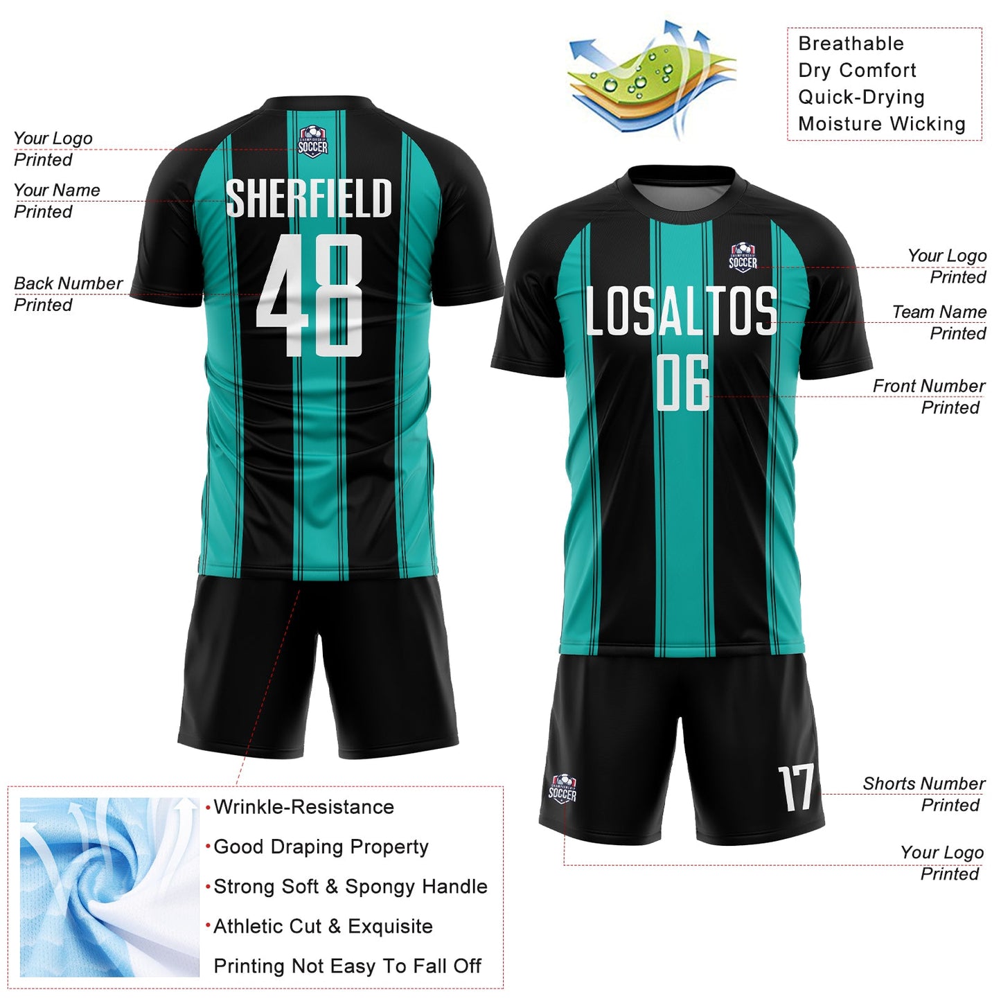 Custom Black White-Aqua Line Sublimation Soccer Uniform Jersey - Sky-Custom