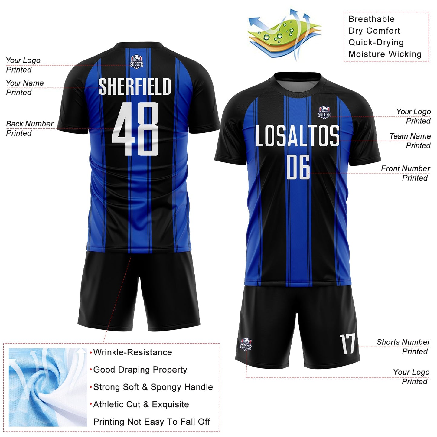 Custom Black White-Thunder Blue Line Sublimation Soccer Uniform Jersey - Sky-Custom