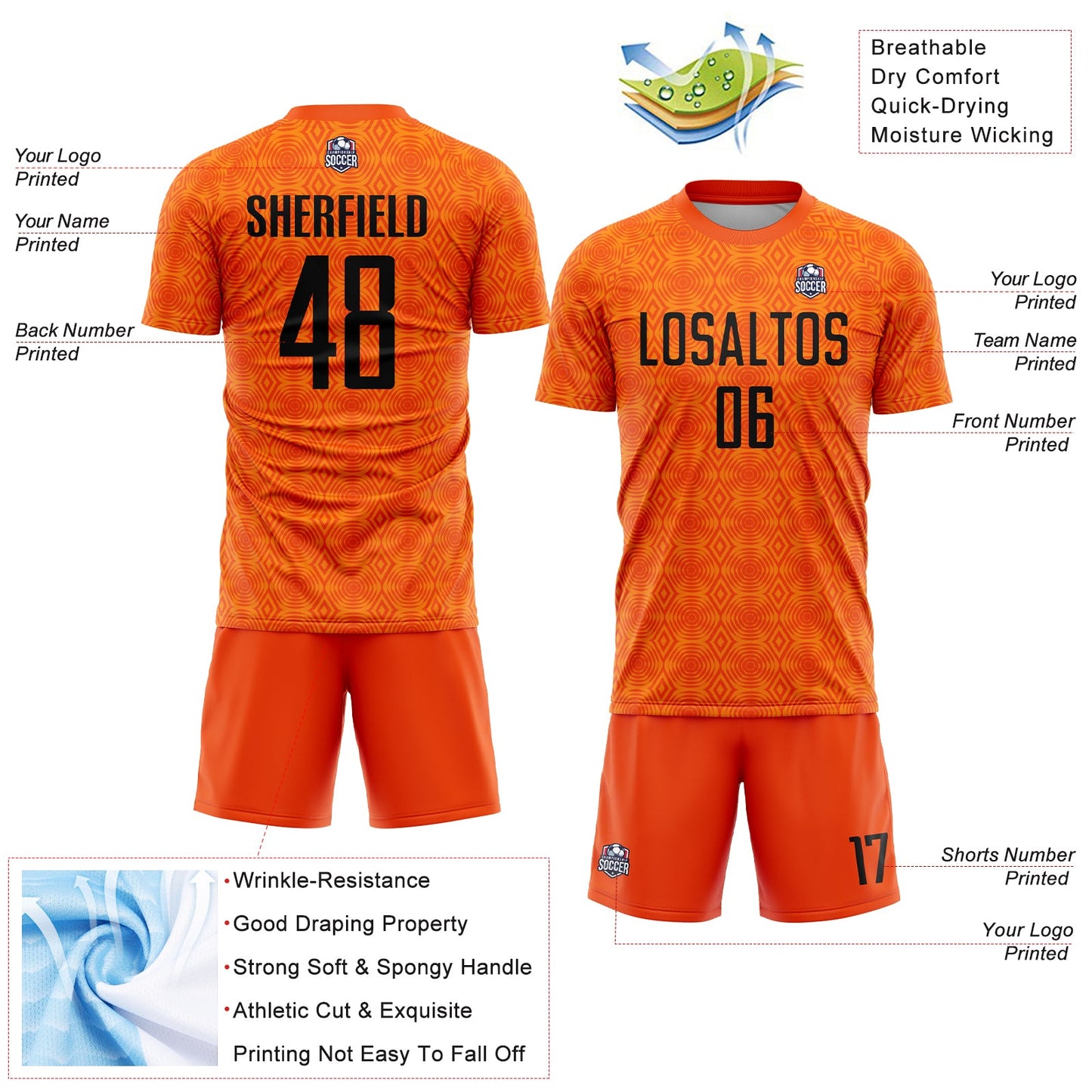 Custom Orange Black-Bay Orange Geometric Shapes Sublimation Soccer Uniform Jersey - Sky-Custom