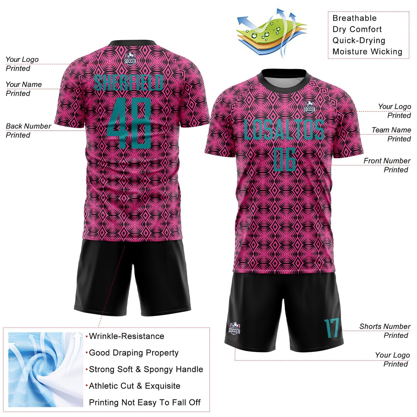 Custom Pink Teal-Black Geometric Shapes Sublimation Soccer Uniform Jersey - Sky-Custom