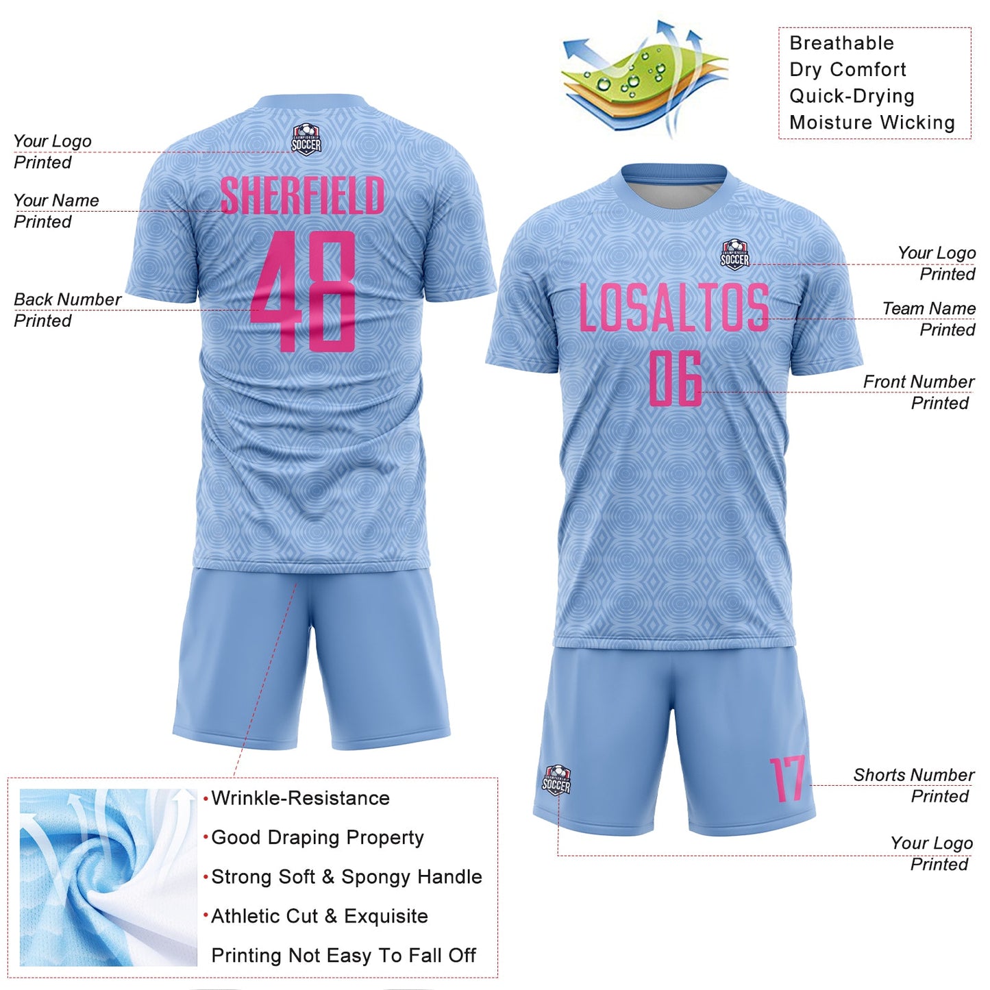 Custom Light Blue Pink Geometric Shapes Sublimation Soccer Uniform Jersey - Sky-Custom