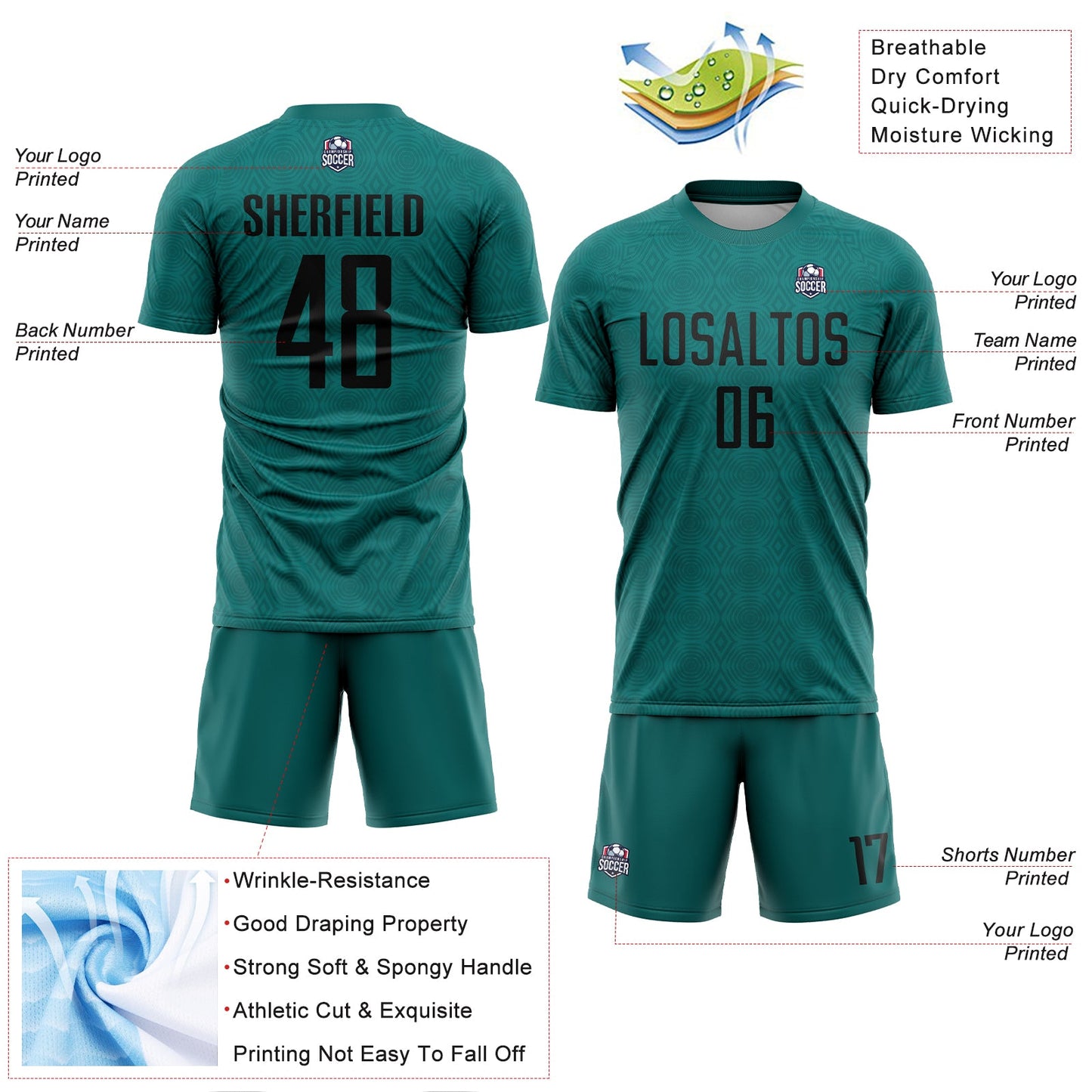 Custom Teal Black Geometric Shapes Sublimation Soccer Uniform Jersey - Sky-Custom