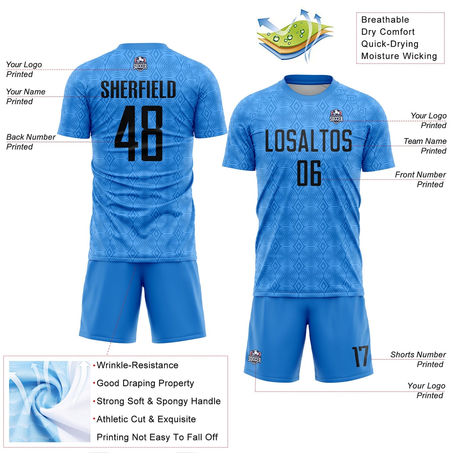 Custom Powder Blue Black Geometric Shapes Sublimation Soccer Uniform Jersey - Sky-Custom
