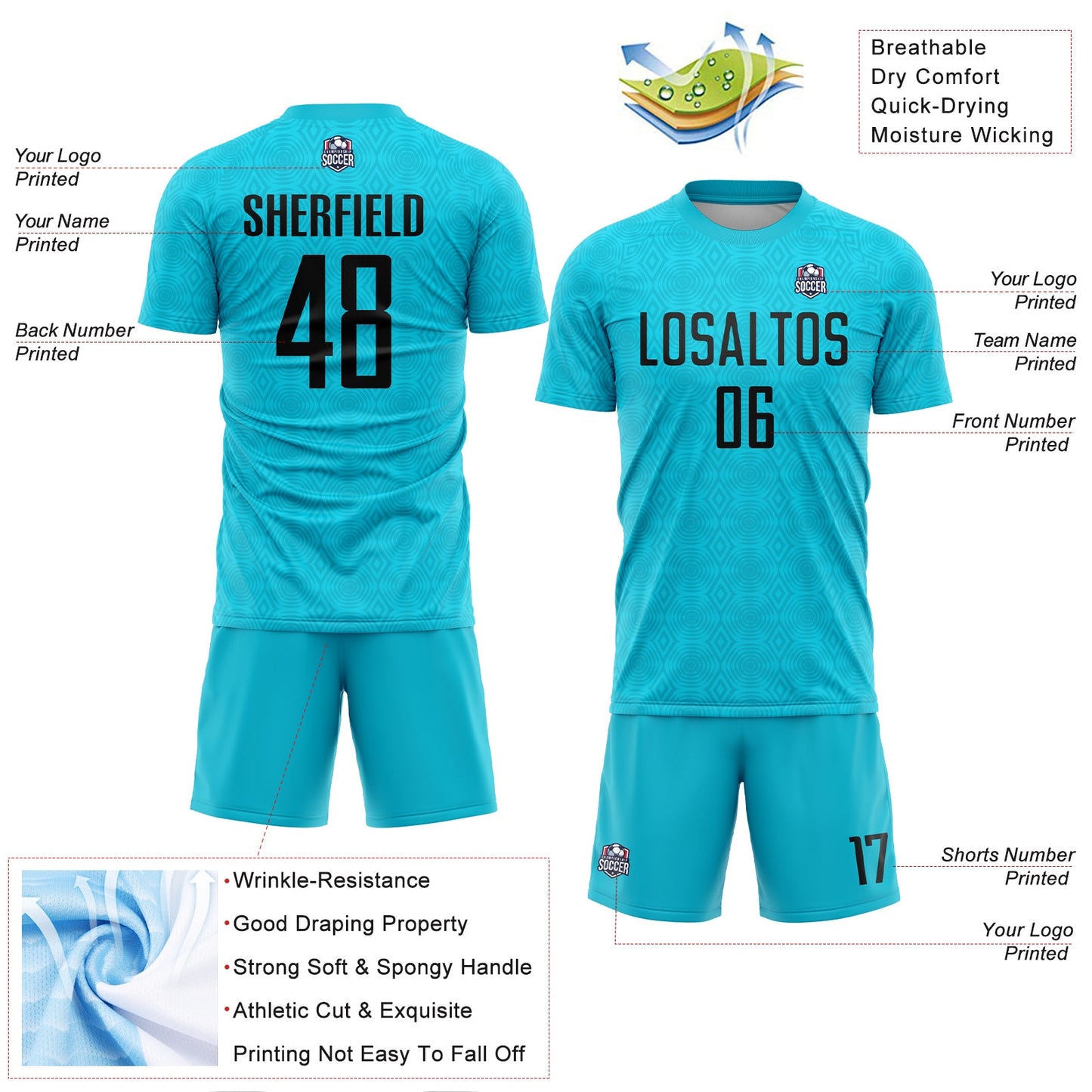 Custom Lakes Blue Black Geometric Shapes Sublimation Soccer Uniform Jersey - Sky-Custom