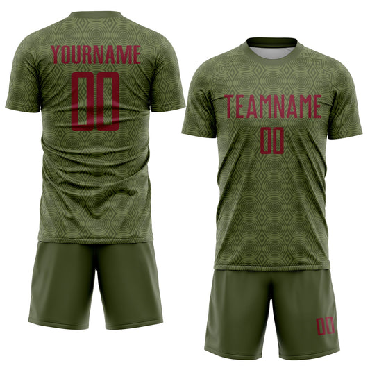 Custom Olive Crimson Geometric Shapes Sublimation Salute To Service Soccer Uniform Jersey - Sky-Custom