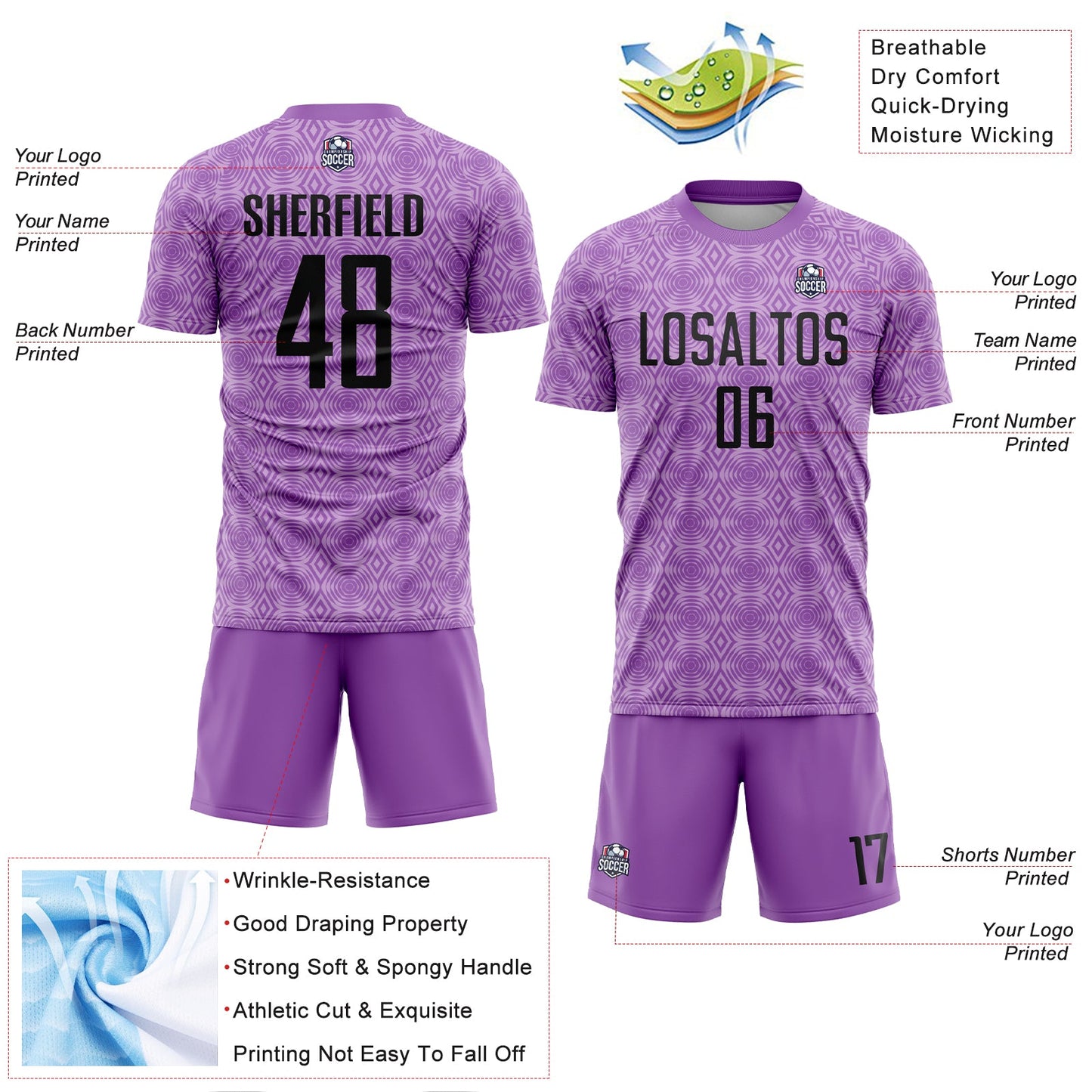 Custom Medium Purple Black-Light Purple Geometric Shapes Sublimation Soccer Uniform Jersey - Sky-Custom