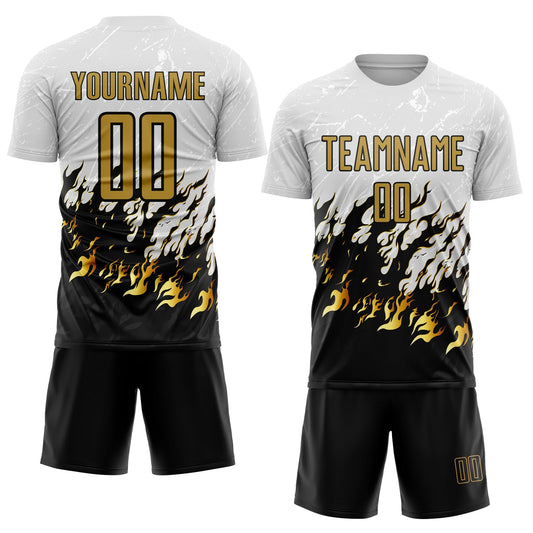 Custom White Old Gold-Black Flame Sublimation Soccer Uniform Jersey - Sky-Custom