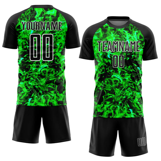 Custom Black Grass Green-White Flame Sublimation Soccer Uniform Jersey - Sky-Custom